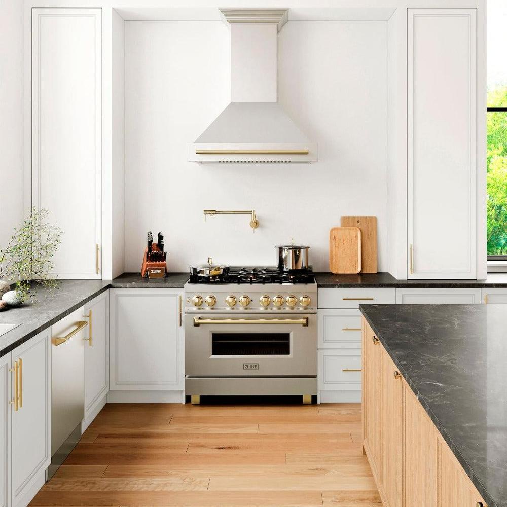 ZLINE Autograph Edition 36 in. Stainless Steel Range Hood with Stainless Steel Shell and Handle (8654STZ-36) in a luxury farmhouse-style kitchen with matching appliances and fixtures from front.