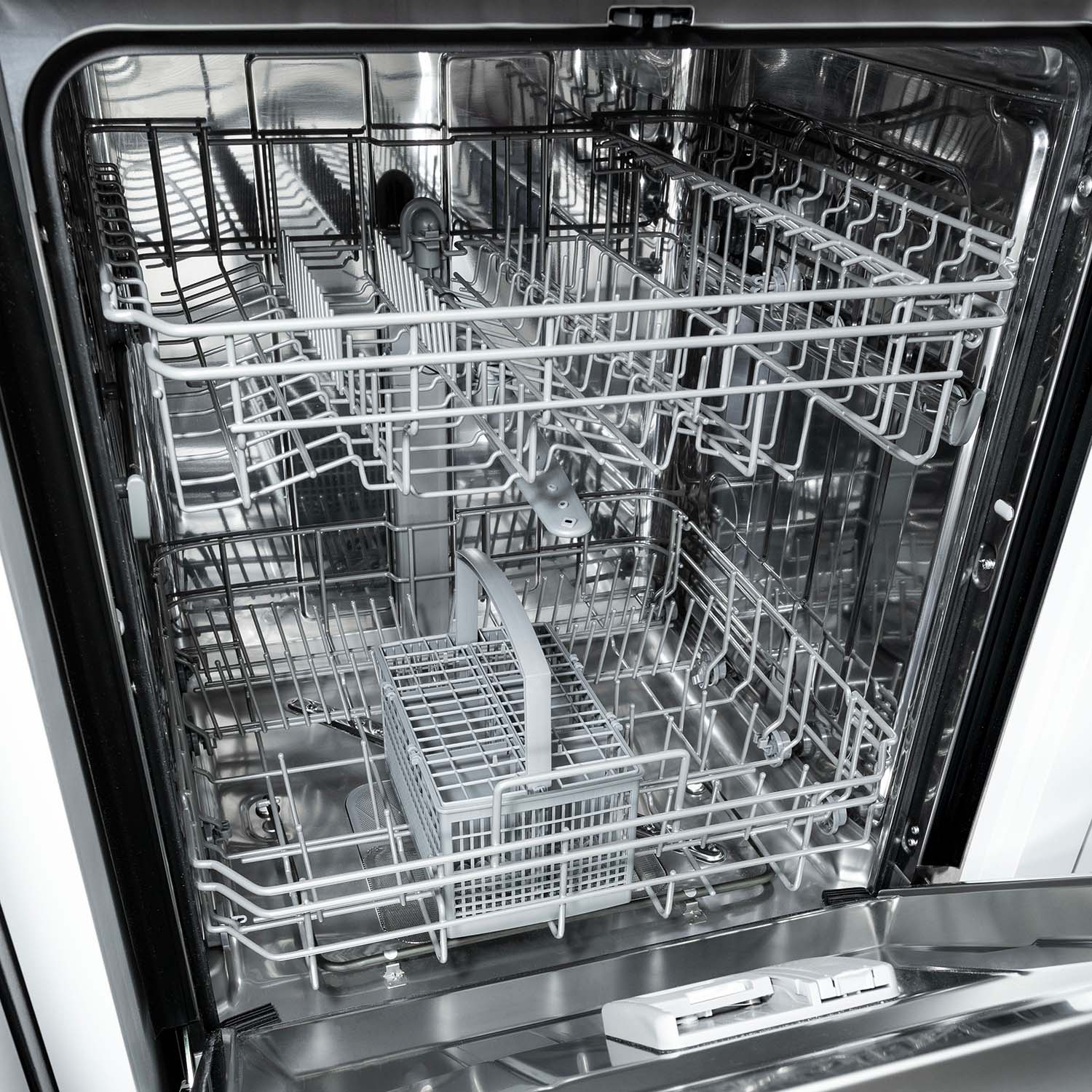 ZLINE 24" dishwasher with stainless steel door open empty.