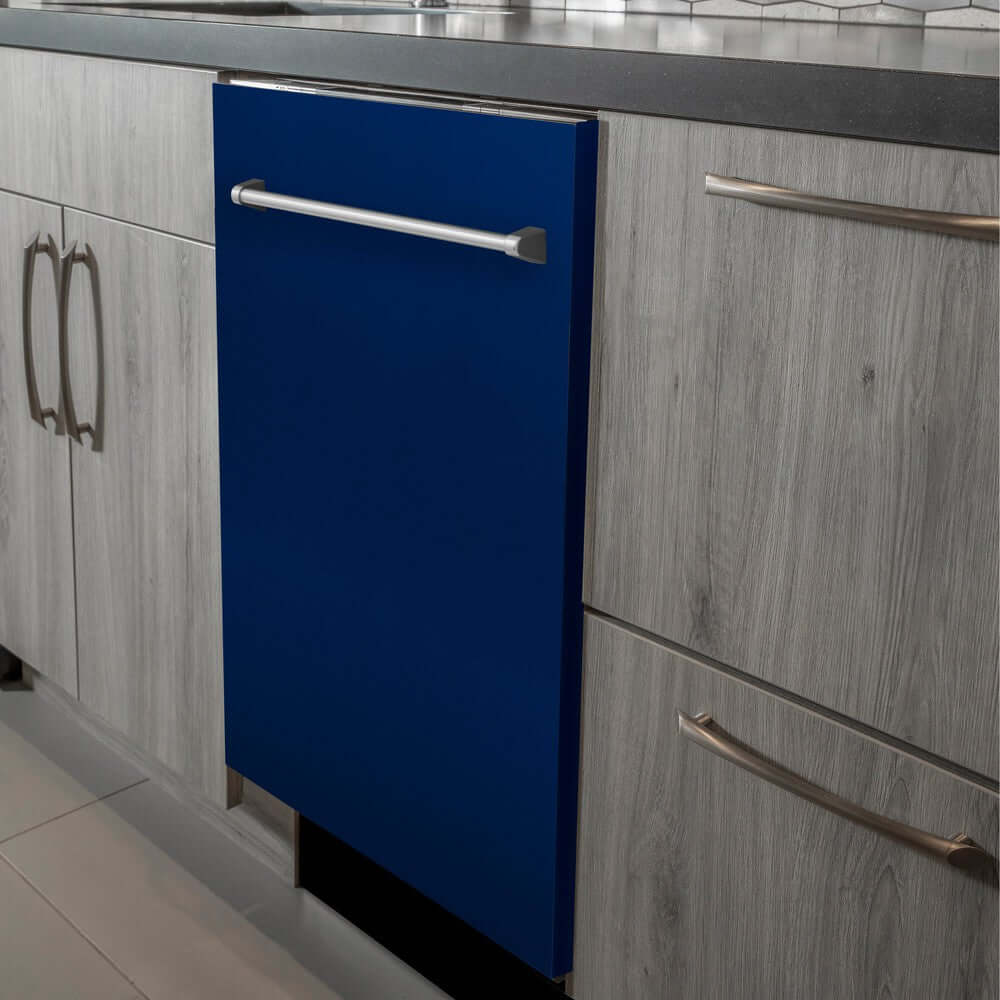 ZLINE 24 in. Blue Gloss Top Control Built-In Dishwasher with Stainless Steel Tub and Traditional Style Handle, 52dBa (DW-BG-24) in a modern-style kitchen with grey cabinets and dark countertops.