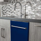 ZLINE 24 in. Blue Gloss Top Control Built-In Dishwasher with Stainless Steel Tub and Traditional Style Handle, 52dBa (DW-BG-24) in a modern-style kitchen with grey cabinets and dark countertops.