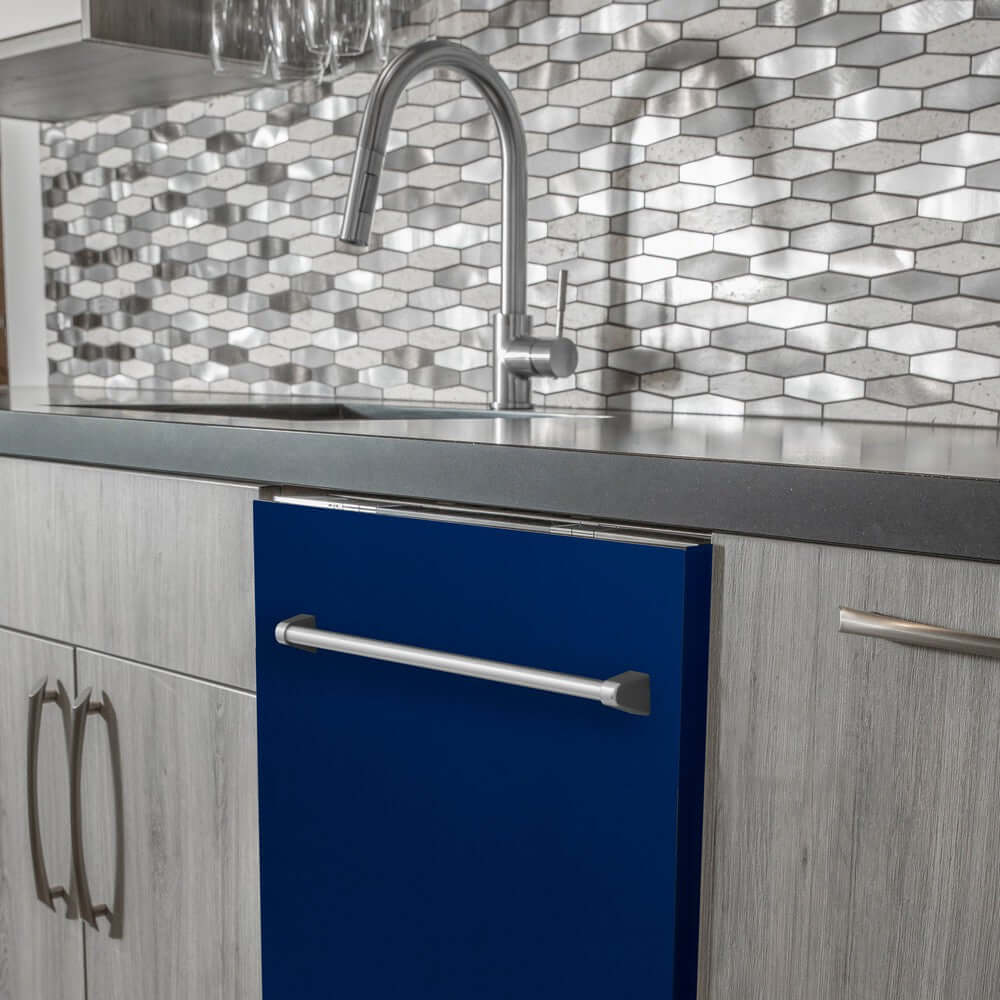 ZLINE 24 in. Blue Gloss Top Control Built-In Dishwasher with Stainless Steel Tub and Traditional Style Handle, 52dBa (DW-BG-24) in a modern-style kitchen with grey cabinets and dark countertops.
