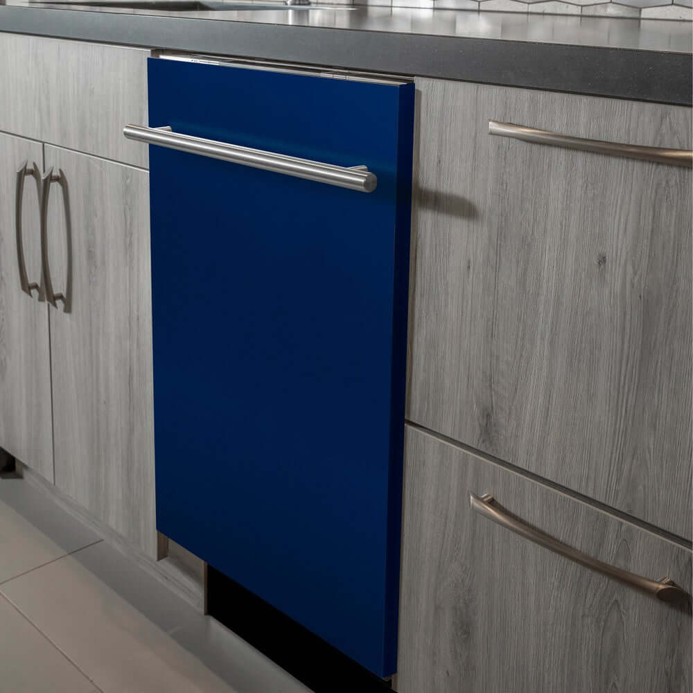 ZLINE 24 in. Blue Gloss Top Control Built-In Dishwasher with Stainless Steel Tub and Modern Style Handle, 52dBa (DW-BG-H-24) in a modern-style kitchen with grey cabinets and dark countertops.