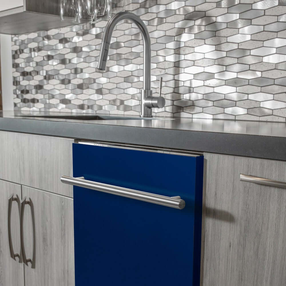 ZLINE 24 in. Blue Gloss Top Control Built-In Dishwasher with Stainless Steel Tub and Modern Style Handle, 52dBa (DW-BG-H-24) in a modern-style kitchen with grey cabinets and dark countertops.