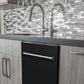 ZLINE 24 in. Black Matte Top Control Built-In Dishwasher with Stainless Steel Tub and Traditional Style Handle, 52dBa (DW-BLM-24) in a modern-style kitchen with grey cabinets and dark countertops.
