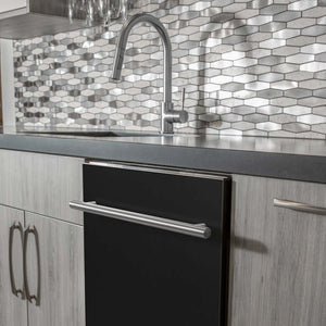 ZLINE 24 in. Black Matte Top Control Built-In Dishwasher with Stainless Steel Tub and Modern Style Handle, 52dBa (DW-BLM-H-24) in a modern-style kitchen with grey cabinets and dark countertops.