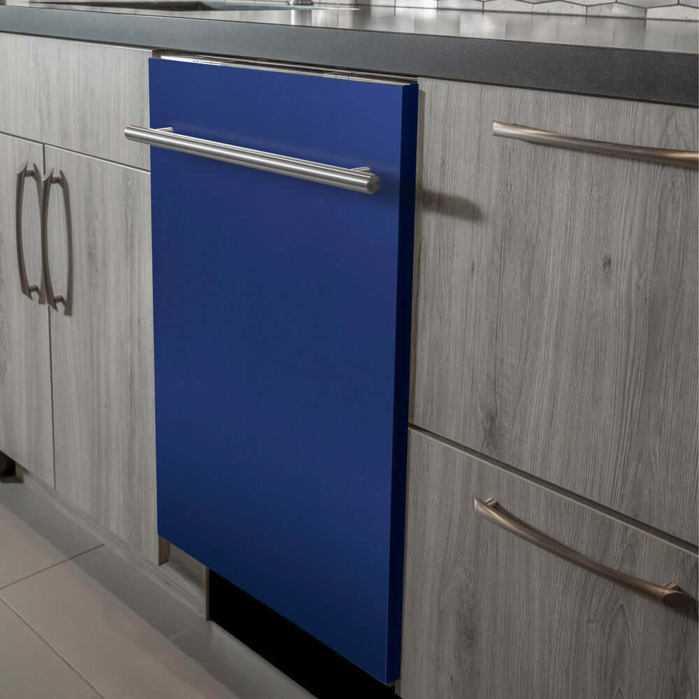 ZLINE 24 in. Blue Matte Top Control Built-In Dishwasher with Stainless Steel Tub and Modern Style Handle, 52dBa (DW-BM-H-24) in a modern-style kitchen with grey cabinets and dark countertops.