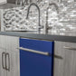 ZLINE 24 in. Blue Matte Top Control Built-In Dishwasher with Stainless Steel Tub and Modern Style Handle, 52dBa (DW-BM-H-24) in a modern-style kitchen with grey cabinets and dark countertops.