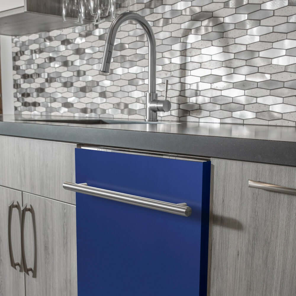 ZLINE 24 in. Blue Matte Top Control Built-In Dishwasher with Stainless Steel Tub and Modern Style Handle, 52dBa (DW-BM-H-24) in a modern-style kitchen with grey cabinets and dark countertops.