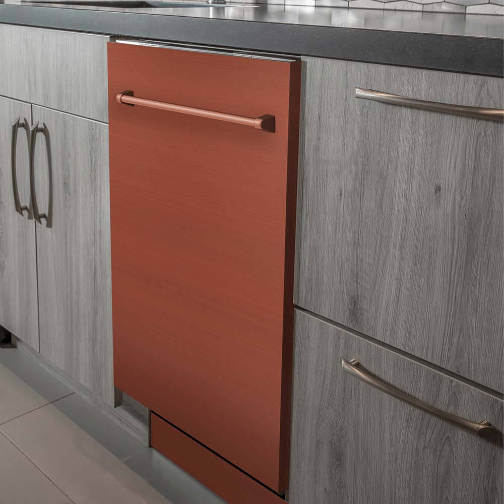 ZLINE 24 in. Copper Top Control Built-In Dishwasher with Stainless Steel Tub and Traditional Style Handle, 52dBa (DW-C-H-24) in a modern-style kitchen with grey cabinets and dark countertops.