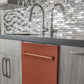 ZLINE 24 in. Copper Top Control Built-In Dishwasher with Stainless Steel Tub and Traditional Style Handle, 52dBa (DW-C-H-24) in a modern-style kitchen with grey cabinets and dark countertops.