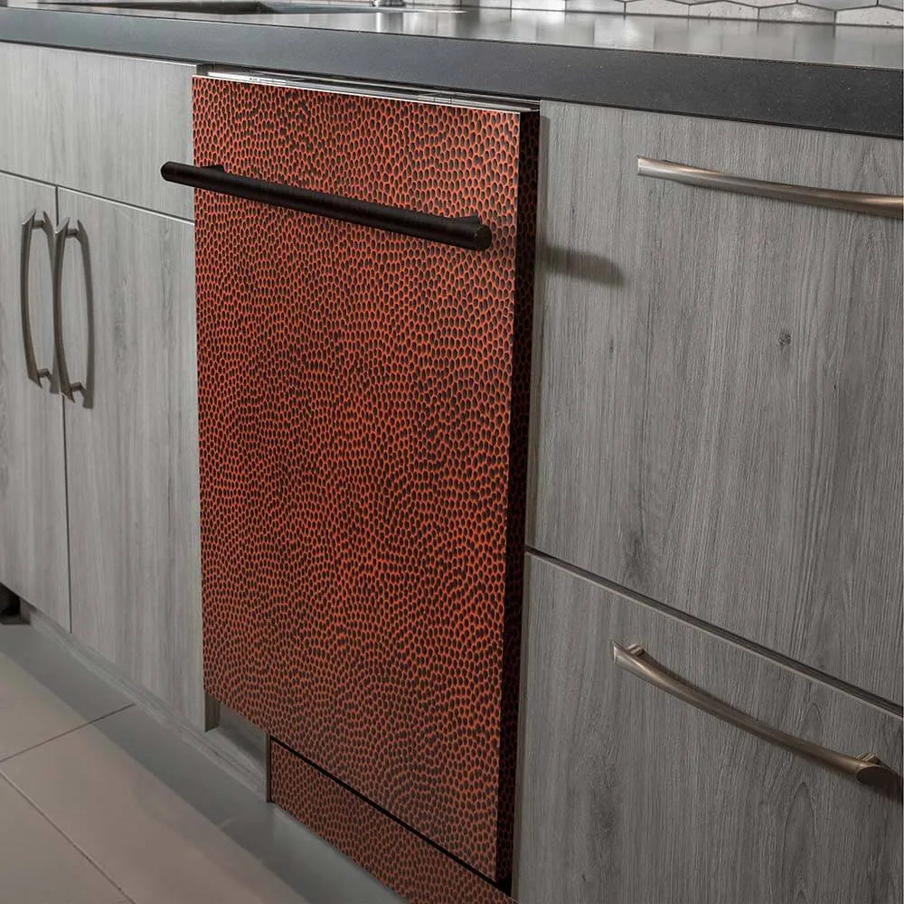 ZLINE 24 in. Hand-Hammered Copper Top Control Built-In Dishwasher with Stainless Steel Tub and Modern Style Handle, 52dBa (DW-HH-24) in a modern-style kitchen with grey cabinets and dark countertops.