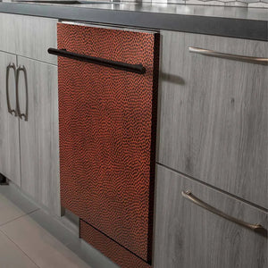 ZLINE 24 in. Hand-Hammered Copper Top Control Built-In Dishwasher with Stainless Steel Tub and Modern Style Handle, 52dBa (DW-HH-24) in a modern-style kitchen with grey cabinets and dark countertops.