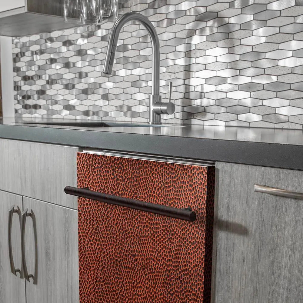 ZLINE 24 in. Hand-Hammered Copper Top Control Built-In Dishwasher with Stainless Steel Tub and Modern Style Handle, 52dBa (DW-HH-24) in a modern-style kitchen with grey cabinets and dark countertops.