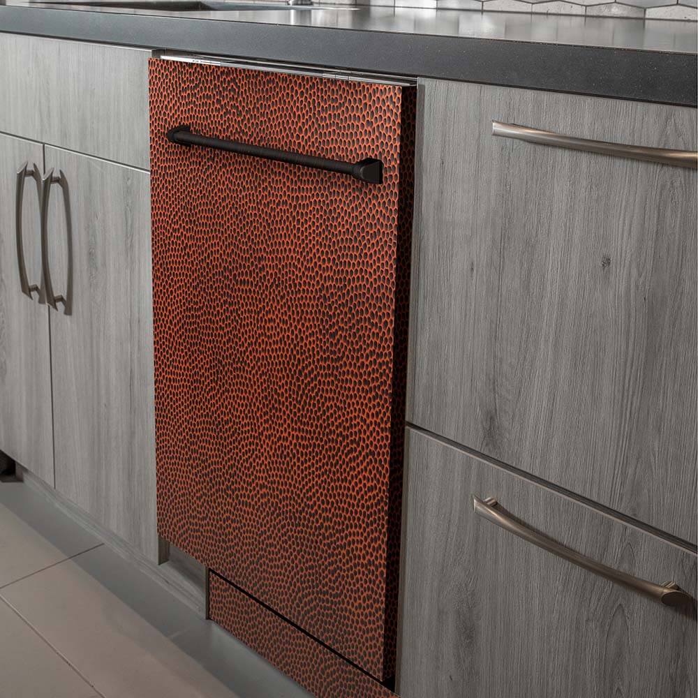 Hand-hammered copper dishwasher built-in to modern grey cabinets