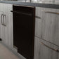 ZLINE 24 in. Oil-Rubbed Bronze Top Control Built-In Dishwasher with Stainless Steel Tub and Modern Style Handle, 52dBa (DW-ORB-24) in a modern-style kitchen with grey cabinets and dark countertops.