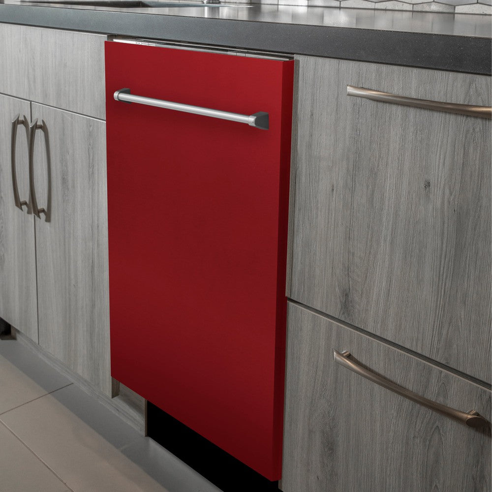 ZLINE 24 in. Red Gloss Top Control Built-In Dishwasher with Stainless Steel Tub and Traditional Style Handle, 52dBa (DW-RG-24) in a modern-style kitchen with grey cabinets and dark countertops.