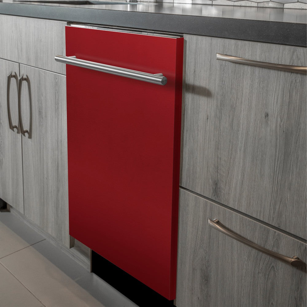 ZLINE 24 in. Red Gloss Top Control Built-In Dishwasher with Stainless Steel Tub and Modern Style Handle, 52dBa (DW-RG-H-24) in a modern-style kitchen with grey cabinets and dark countertops.