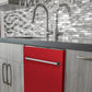ZLINE 24 in. Red Matte Top Control Built-In Dishwasher with Stainless Steel Tub and Traditional Style Handle, 52dBa (DW-RM-24) in a modern-style kitchen with grey cabinets and dark countertops.