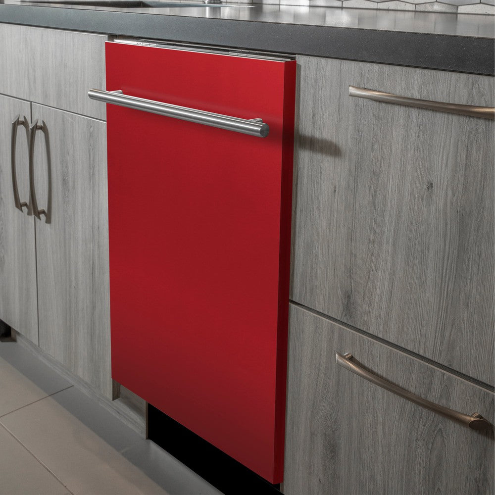 ZLINE 24 in. Red Matte Top Control Built-In Dishwasher with Stainless Steel Tub and Modern Style Handle, 52dBa (DW-RM-H-24) in a modern-style kitchen with grey cabinets and dark countertops.