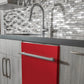 ZLINE 24 in. Red Matte Top Control Built-In Dishwasher with Stainless Steel Tub and Modern Style Handle, 52dBa (DW-RM-H-24) in a modern-style kitchen with grey cabinets and dark countertops.