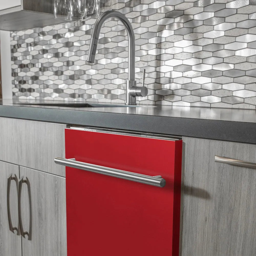 ZLINE 24 in. Red Matte Top Control Built-In Dishwasher with Stainless Steel Tub and Modern Style Handle, 52dBa (DW-RM-H-24) in a modern-style kitchen with grey cabinets and dark countertops.