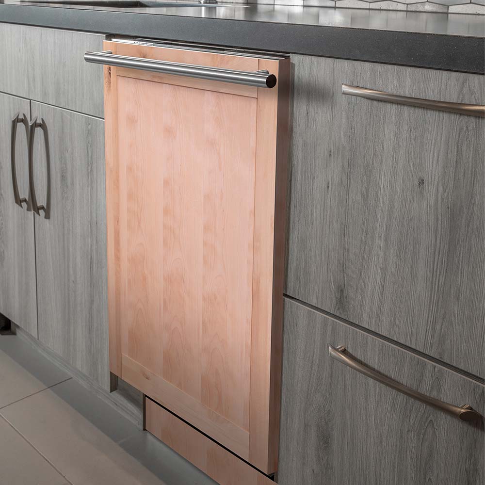 ZLINE 24 in. Unfinished Top Control Built-In Dishwasher with Stainless Steel Tub and Modern Style Handle, 52dBa (DW-UF-24) in a modern-style kitchen with grey cabinets and dark countertops.