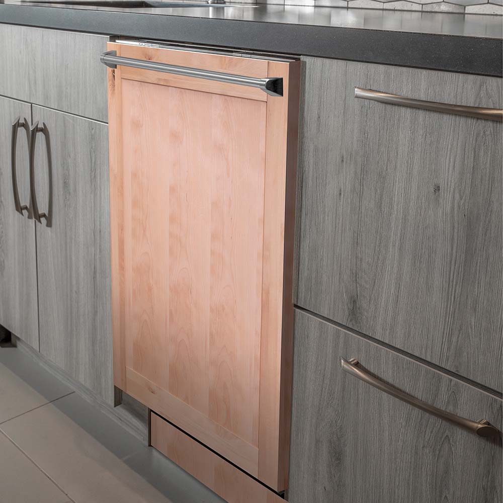 ZLINE built-in dishwasher with unfinished wood panel in luxury kitchen.