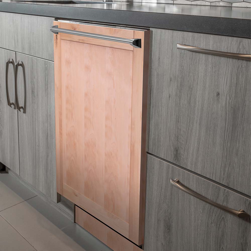 ZLINE 24 in. Unfinished Top Control Built-In Dishwasher with Stainless Steel Tub and Traditional Style Handle, 52dBa (DW-UF-H-24) in a modern-style kitchen with grey cabinets and dark countertops.