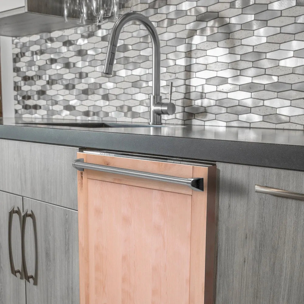 ZLINE 24 in. Unfinished Top Control Built-In Dishwasher with Stainless Steel Tub and Traditional Style Handle, 52dBa (DW-UF-H-24) in a modern-style kitchen with grey cabinets and dark countertops.