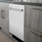 ZLINE 24 in. White Matte Top Control Built-In Dishwasher with Stainless Steel Tub and Traditional Style Handle, 52dBa (DW-WM-24) in a modern-style kitchen with grey cabinets and dark countertops.