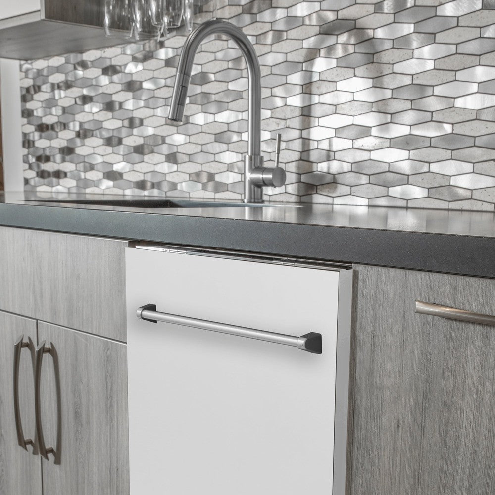 ZLINE 24 in. White Matte Top Control Built-In Dishwasher with Stainless Steel Tub and Traditional Style Handle, 52dBa (DW-WM-24) in a modern-style kitchen with grey cabinets and dark countertops.