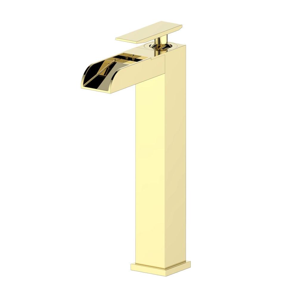 ZLINE Eagle Falls Waterfall Vessel Sink Single Handle Bath Faucet (EAG-BF) in Polished Gold.