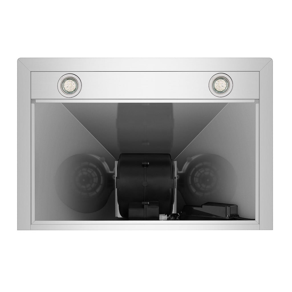 Empava 36 in. Ducted Wall Mount Range Hood in Stainless Steel (36RH04) under, filters removed.