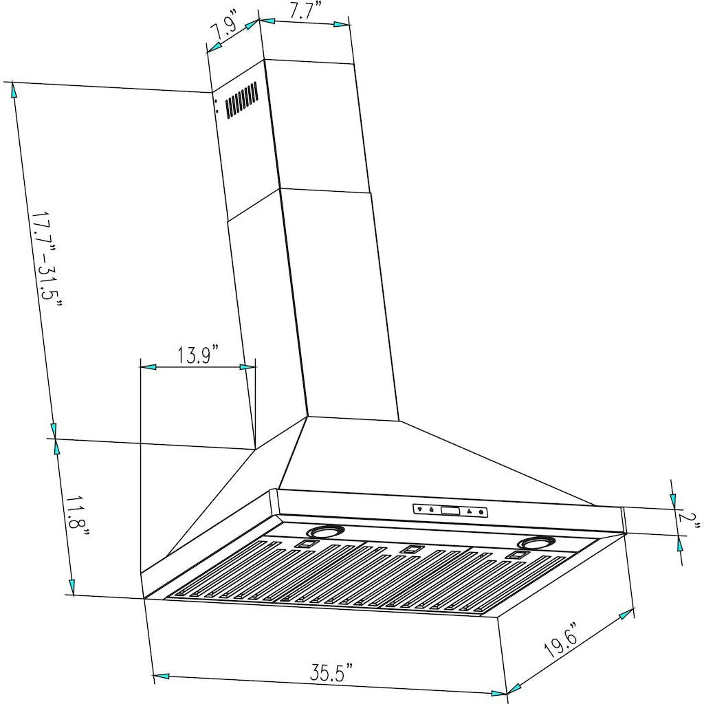 Empava 36 in. Ducted Wall Mount Range Hood in Stainless Steel (36RH04) dimensional diagram.