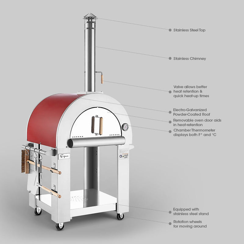 Empava 25 in. Outdoor Wood Fired Pizza Oven in Stainless Steel with Red Accents (PG06)