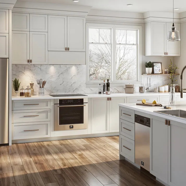 Forno 30 in. Electric Single Wall Oven in Stainless Steel with Self-Clean (FBOEL1358-30) in a kitchen with white cabinets, marble backsplash, and matching stainless steel appliances.