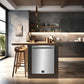 Forno 24 in. Tall Tub Dishwasher in Stainless Steel with Stainless Steel Tub, 45dBa (FDWBI8067-24S) in a kitchen with wooden bar stools and open shelves.