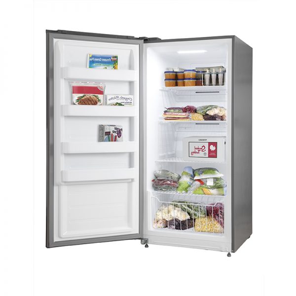 Forno Stainless Steel 60 in. Professional Refrigerator freezer side with door open and food inside.