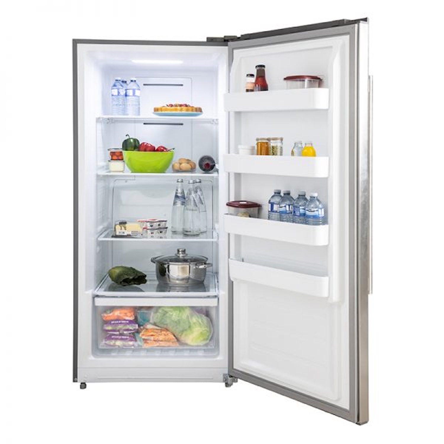 Forno Stainless Steel 60 in. Professional Refrigerator refrigeration side with door open and food inside.
