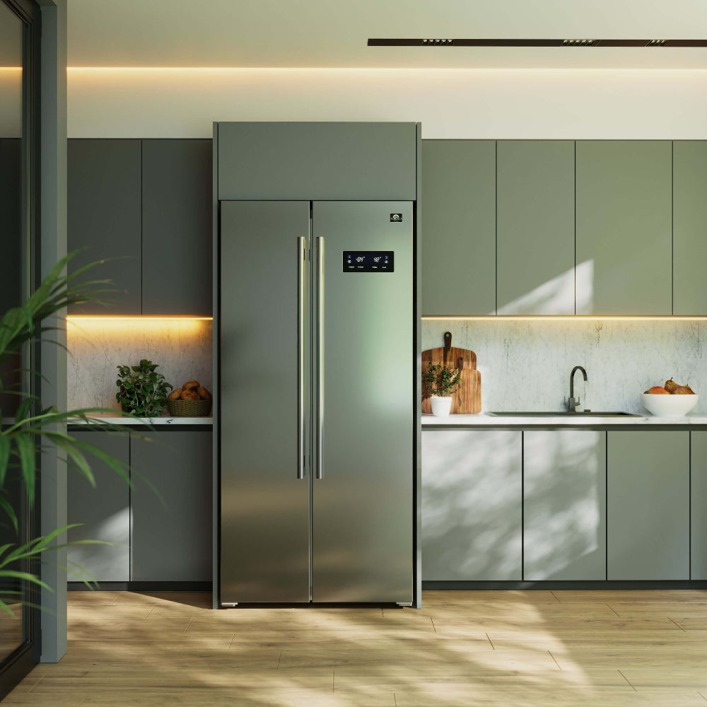 Forno Salerno - 33 in. 15.6 cu. ft. Side by Side Counter Depth Refrigerator in Stainless Steel (FFRBI1805-33SB) in a modern kitchen.