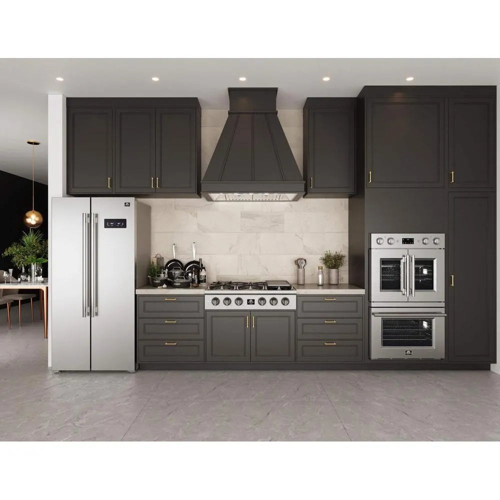 Forno Salerno - 33 in. 15.6 cu. ft. Side by Side Counter Depth Refrigerator in Stainless Steel (FFRBI1805-33SB) in a kitchen with dark cabinets, stainless steel appliances, and a light-colored backsplash.