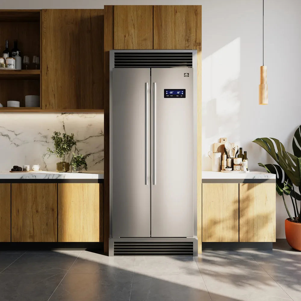 Forno Salerno 33 in. Side by Side Refrigerator in Stainless Steel with Decorative Grill Trim Kit (FFRBI1805-37SG) in a modern kitchen with wooden cabinets and marble countertops.