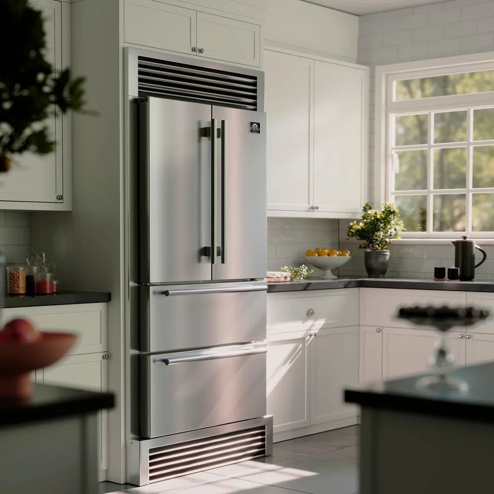 Forno Moena 36 in. 19 cu. ft. French Door Counter Depth Refrigerator with Decorative Grill Trim Kit in Stainless Steel (FFRBI1820-40SG) in a modern kitchen with white cabinets and a window.