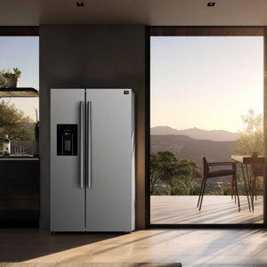 Forno 36 in. 20.0 cu. ft Counter Depth Side by Side Refrigerator with Water and Ice Dispenser in Stainless Steel (FFRBI1844-36SB) in a kitchen with a view of mountains