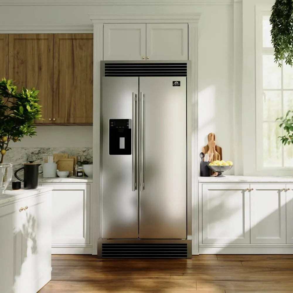 Forno Salerno 36 in. Side by Side Refrigerator with External Water and Ice Dispenser in Stainless Steel with Trim Kit (FFRBI1844-40SG) in a modern kitchen with white cabinets and wooden accents.