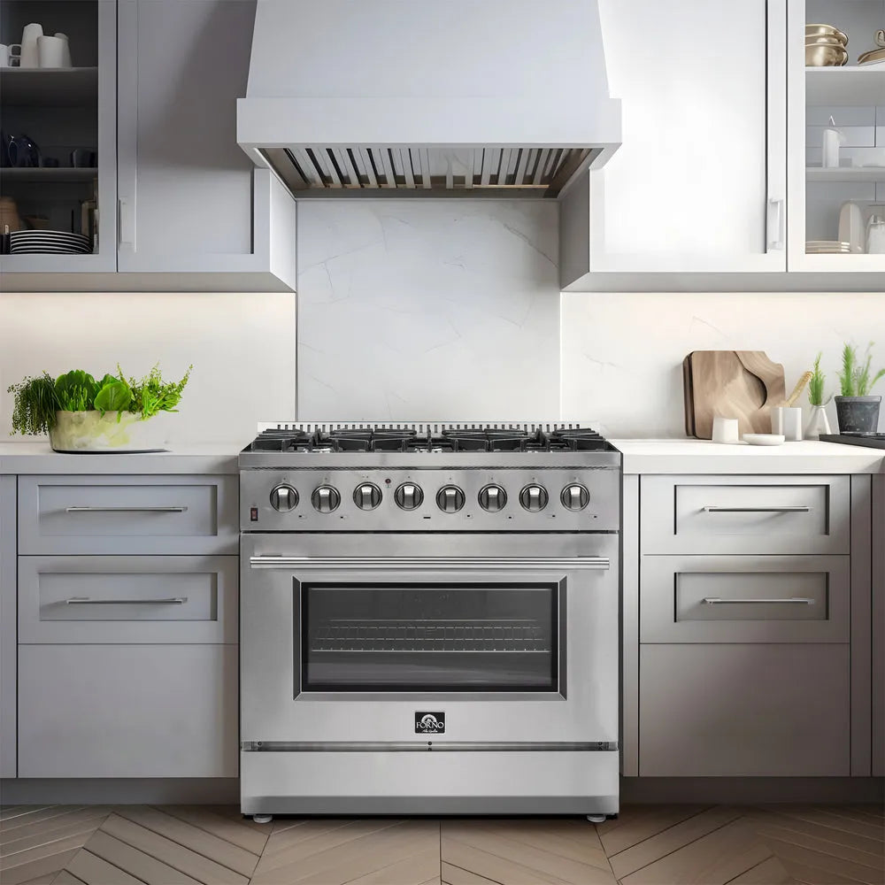 Forno Galiano Gold Professional 36 in. 5.36 cu. ft. Freestanding Dual Fuel Range with Gas Cooktop and Electric Oven in Stainless Steel (FFSGS6156-36) in a modern kitchen with light gray cabinets and white countertops.