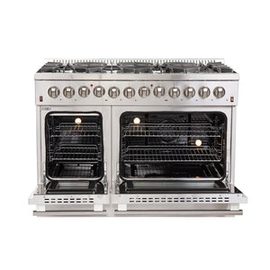 Forno Galiano Professional 48 in. 6.58 cu. ft. Dual Fuel Range with Gas Cooktop and Electric Oven in Stainless Steel (FFSGS6156-48) front, ovens open.
