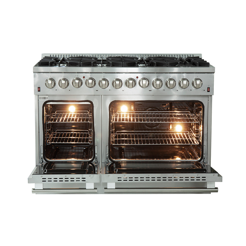 Forno Stainless Steel 48 in. All Gas Range front with oven open