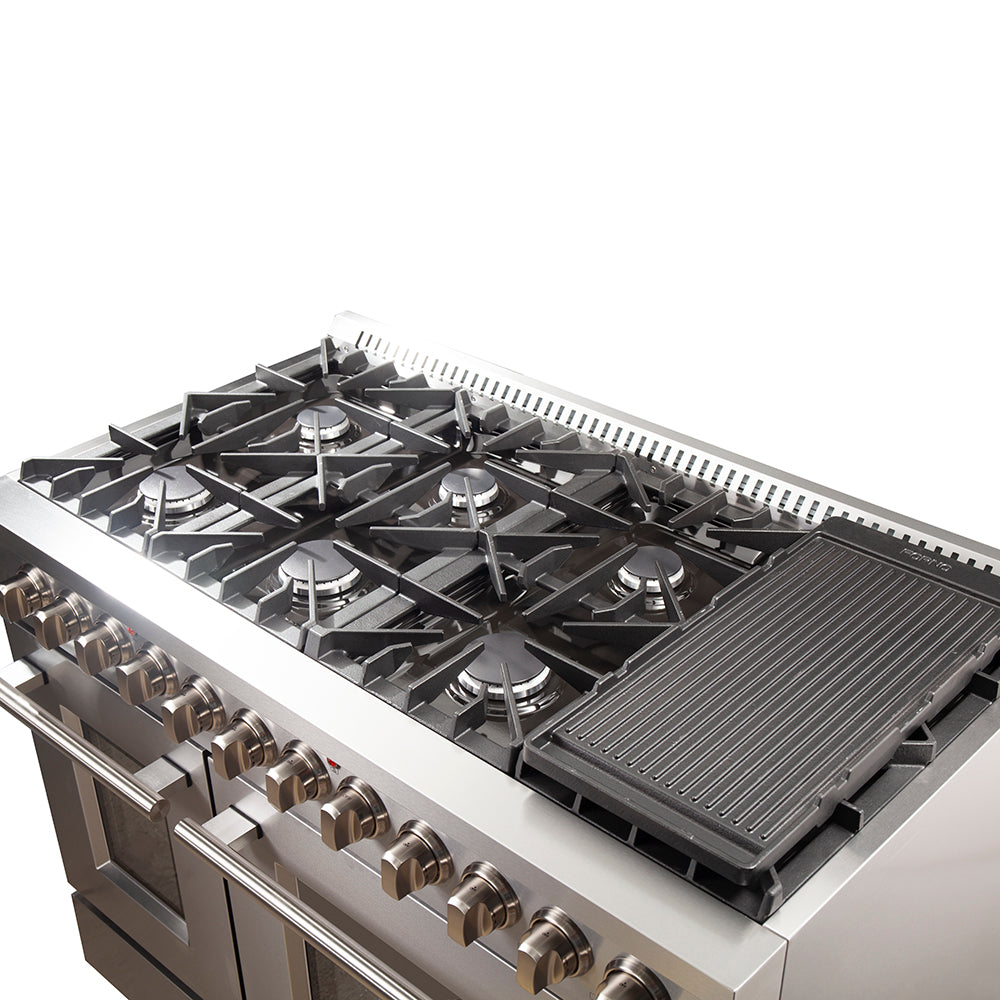 Forno Stainless Steel 48 in. Dual Fuel Range cooktop with 8 gas burners and griddle.
