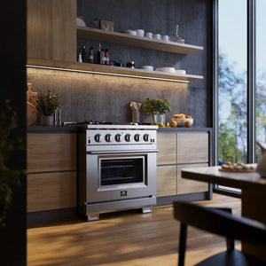Forno Capriasca 30 in. 4.32 cu. ft.  Professional Gas Range with Gas Cooktop and Gas Oven in Stainless Steel (FFSGS6260-30) in a modern kitchen with wooden cabinets